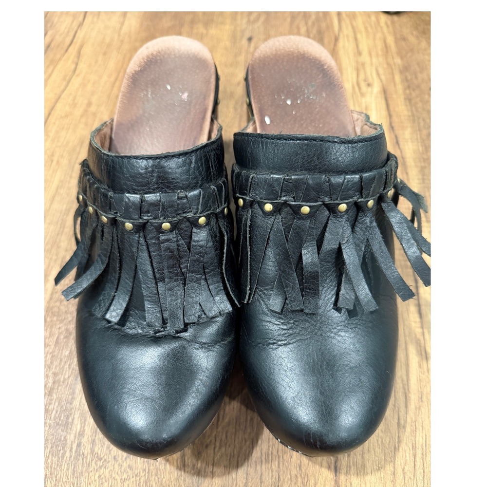 Dansko Black Leather Deni Fringe Studded Mule Clogs Wooden Platform Heel Size 39